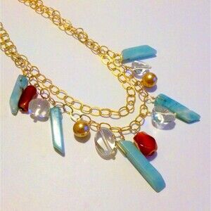 Gold Tone Double Chain Quartz Drop Necklace